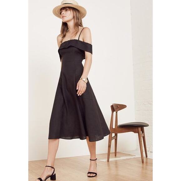 REFORMATION Linen Jaclyn Midi Dress Pockets Shoulder Off The Shoulder Black - Picture 1 of 8